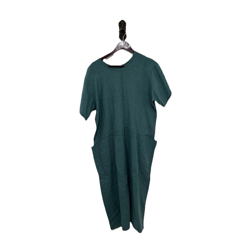VTG FLAX Jeanne Englehart Linen Lagenlook Cottagecore Teal Maxi Dress Size M